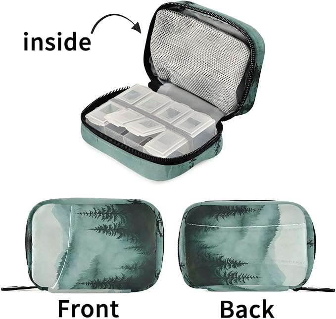 Green Mountains and Pine Trees Travel Pill Organizer Weekly Small (Cute) Pill Box 7 Day Pill Case Vitamin Holder Pill Bottle Organizer