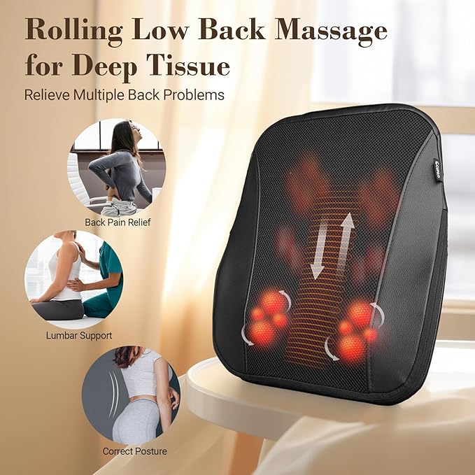 FSA Eligible Cordless Back Massager for Pain Relief Deep Tissue HSA Approved, Up and Down Rolling Low Back Massager with Heat, Portable Shiatsu Lower Back Massage for Home Office