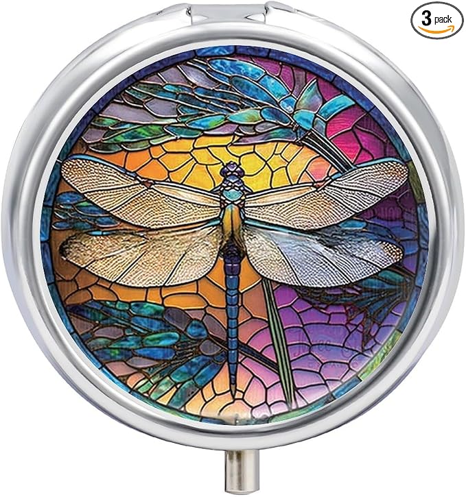 Transparent 3-Compartment Medicine Pill Case, Portable Round Pill Box for Pocket or Purse, Decorative Metal Medicine Vitamin Organizer. (Dragonfly)