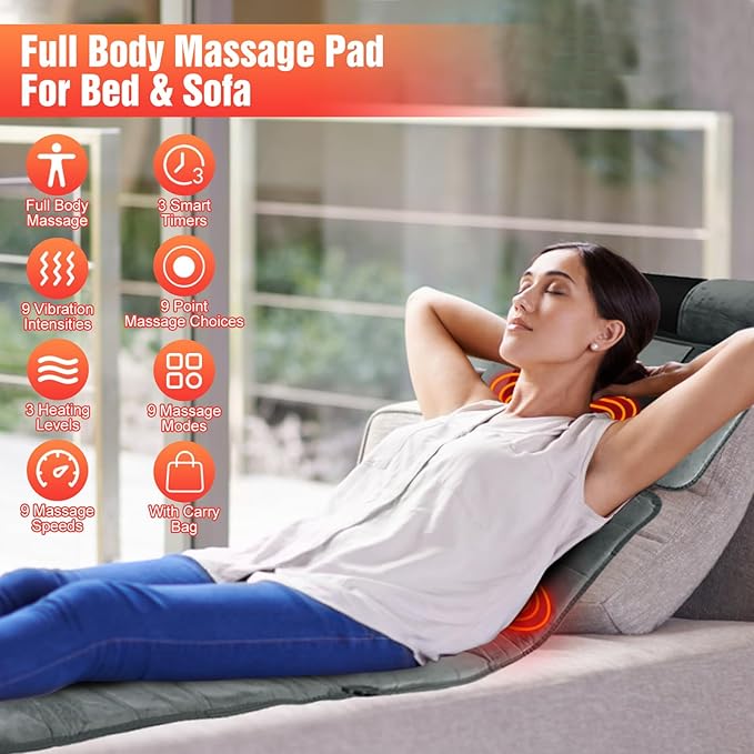 Heated Full Body Massage Mat – 10 Motors Vibration Massage Pad for Bed, with Inflatable Neck Pillow & Lumbar Support, 3 Timer Settings, Electric Shiatsu Back Massager for Home Use