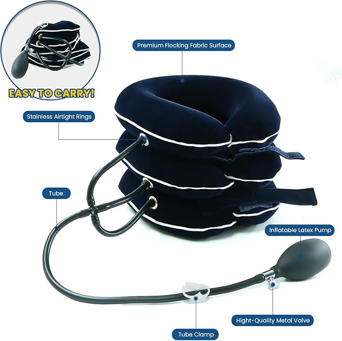 Cervical Neck Traction Device for Home Use Pain Relief,Neck Stretcher,Inflatable Support Neck Brace Adjustable,Neck Stress Relief&Relaxation Metal Valve TPU Liner with Air-Tightness(Blue)