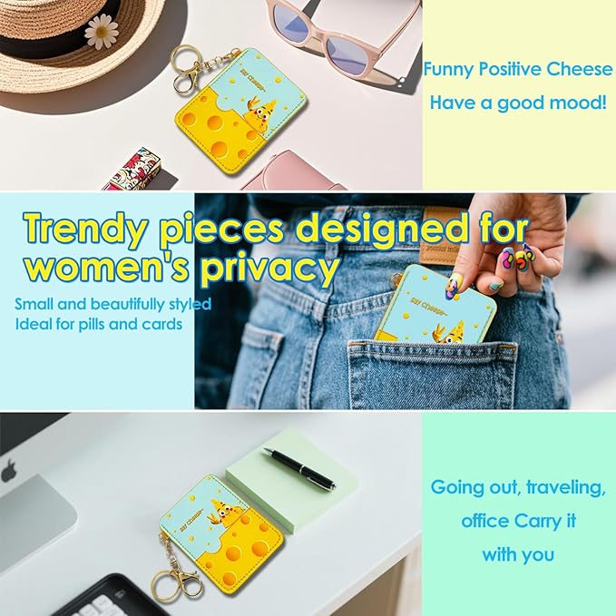 Discreet Birth Control Pill Case Holder - 4.3x3.3IN Portable Organizer with Detachable Metal Keychain, Cute Cheese Artwork Sleeve for Daily Protection (Fits Standard Pill Packs) (Yellow)