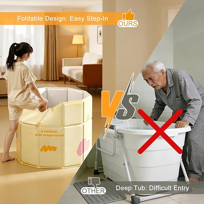 Quivora 27.5" Portable Bathtub for Adults, Seniors, Kids & Pets, Inward Folding Edge for Easy Step-In, 2-in-1 Ice Bath & Hot SPA Collapsible Soaking Tub (Yellow, 27.5x26")