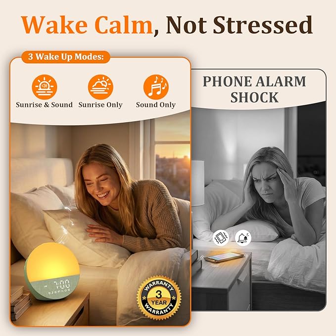 Wake Up Sunrise Alarm Clock: 10-60 Minutes Simulate Sunrise for Gentle Wake Up - 20 Adjustable Brightness Bright Enough for Heavy Sleepers - Dual Alarms with Sound Machine