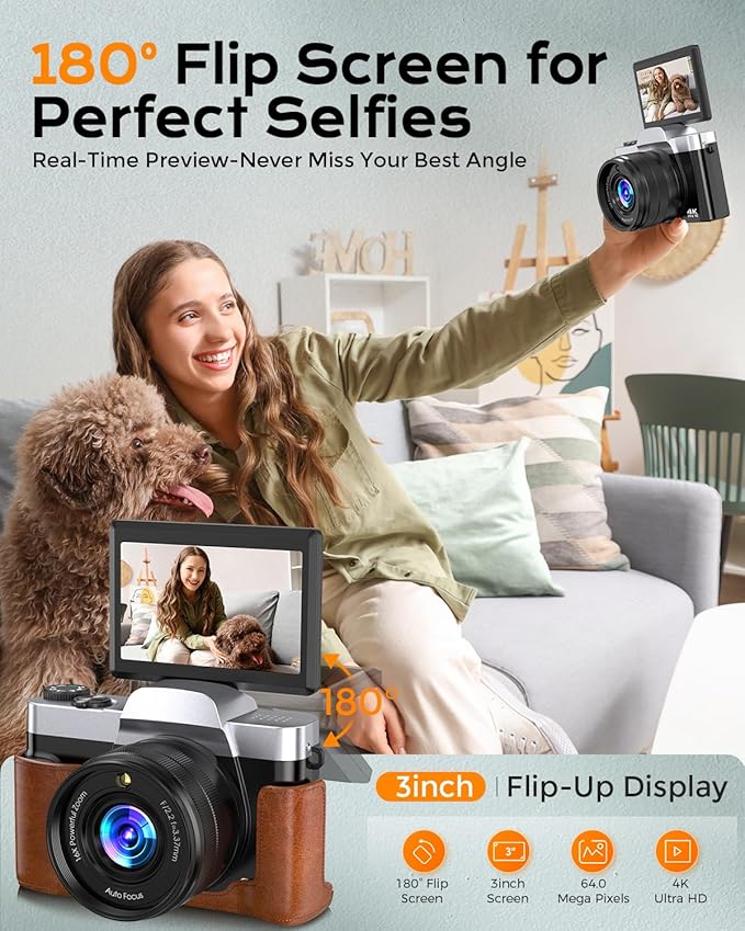 4K Digital Camera for Photography Autofocus, 64MP WiFi Vlogging Camera for YouTube with 3'' 180° Flip Screen,16X Zoom Anti-Shake, 32GB Card, Compact Travel Point and Shoot Digital Cameras (Brown)