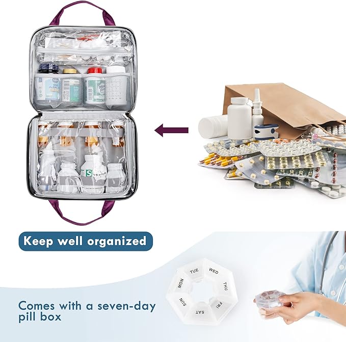 BAGSFY Medicine Bag for Traveling, Pill Bottle Organizer Storage, Large Medication Travel Case, Pills Box for Vitamin, First Aid Kit Bags Empty. (Comes with Weekly Pill Organizer)