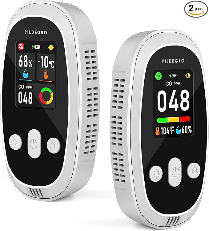 2-Pack Carbon Monoxide Detectors Plug in with Rechargeable Battery Backup, Upgraded 10-Year Sensor, Dual-Mode LED Display, Real-Time Portable CO Monitor with Temp & RH for Home and Travel