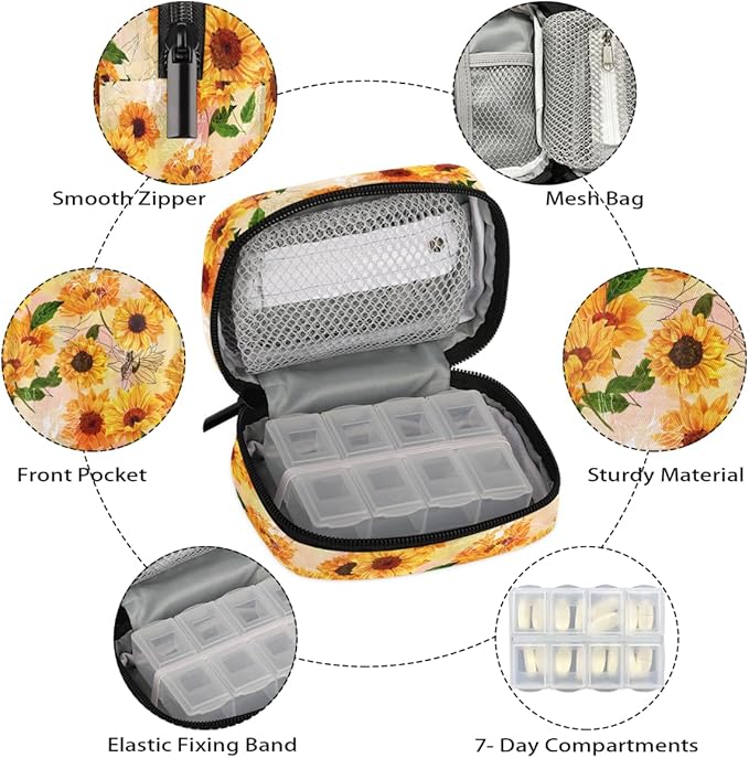 Sunflower Retro Flowers Pill Case Everyday Travel, 7 Day Weekly Medicine Pill Box Compact Portable Pills Bottle Organizer with Zipper for Daily Vitamin Medicine Holder Bottle Organizers Bag