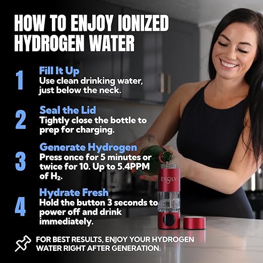 EVOLV Hydrogen Water Bottle Generator – SPE & PEM Water Ionizer 5.4PPM, Highest H2 Concentration – Portable 8oz Hydrogenated Water Bottle – Leak-Proof Hydrogen Water Machine, Easy to Use – Crimson