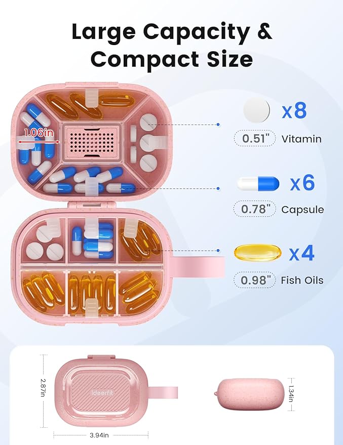 Travel Pill Organizer, Daily Pill Box 8-10 Compartments Adjustable, 7 Day Weekly Label Small Pill Case, Portable Medicine Container Moisture Proof Dry Vitamin Supplement for Pocket Purse-Blue