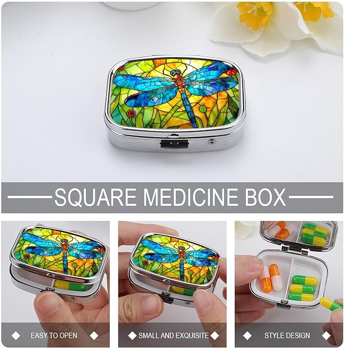 Blue Dragonfly Pill Box 2 Compartment Flora and Fauna Stained Glass Portable Medicine Pill Case Travel Pill Organizer for Pocket Purse
