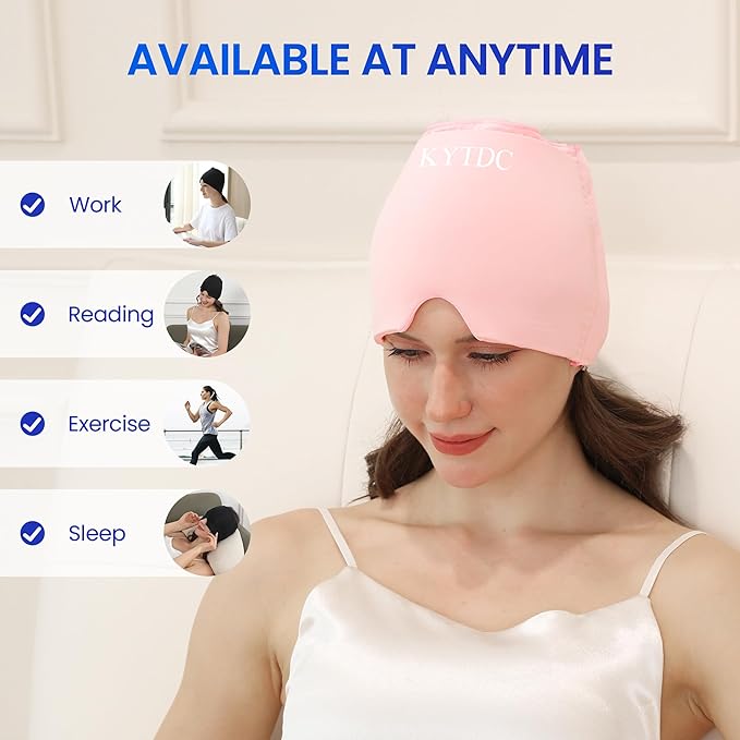 Migraine Relief Cap Gel Ice Head Wrap - Hot & Cold Therapy Soothing Headache Hat Ice Pack Mask, Headache Relief Wrap for Tension, Stress, Hangover&Puffy Eyes,Black&Pink, 2PC((Gift Eye Mask))