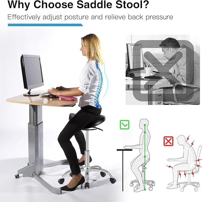 SALONFACTORY Saddle Stool with Wheels 300 lbs Weight Capacity, Heavy Duty Rolling Stool for Medical Massage Salon Kitchen Spa Drafting Nail-Tech,Height Adjustable,360 Swivel,Wide Thick Seat Padding