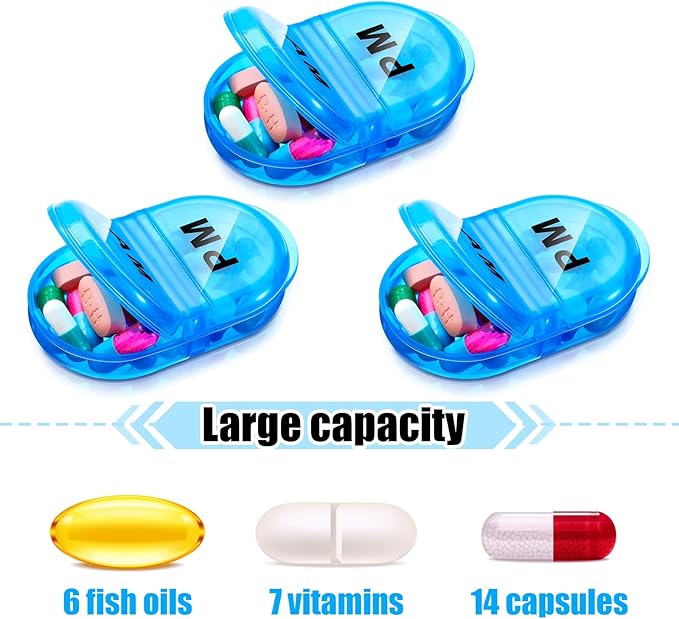 6 Pack Pill Organizer Pocket Small Case Holder Am Pm Pill Case Portable Two Compartment Round Travel 2 Times a Day for Vitamin Medication Supplement(Blue)