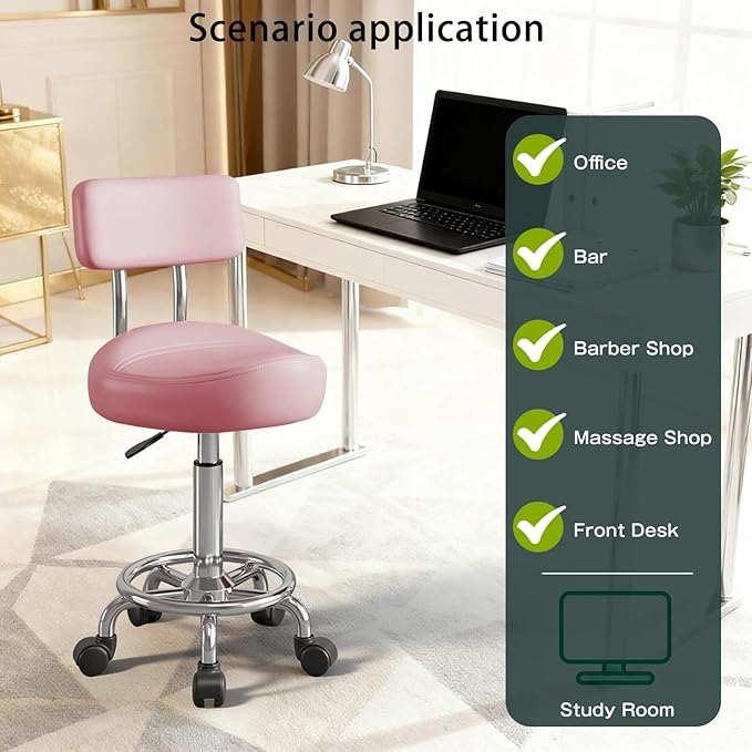 Saddle Stool with Back and Ring Pedal, Adjustable Hydraulic Rolling Chair with Wheels for Salon, Spa, Medical, Massage & Drafting Use Pink