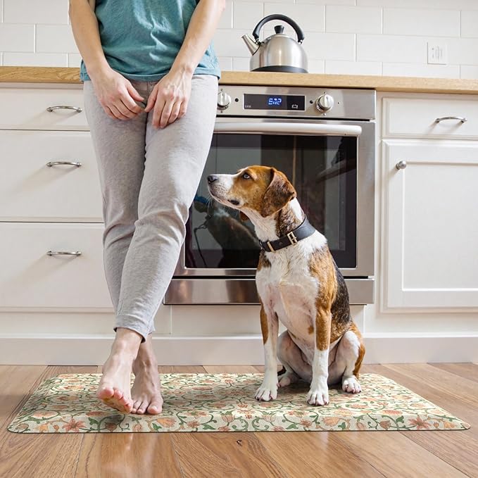 KIMODE Padded Kitchen Floor Mats Cushioned Anti Fatigue,3/4 Inch Comfort Memory Foam Ergonomic Standing Carpet for Office Desk,Boho Vintage Sink Rug Non Slip for Laundry,Green/Orange
