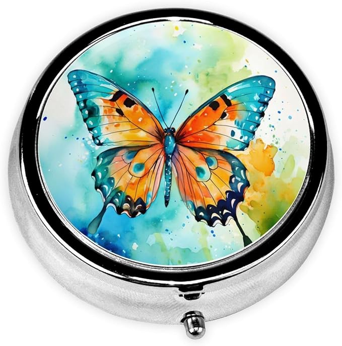 Watercolor Butterfly Art Style Pill Box 3 Compartment Pill Case, Portable Medicine Pill Organizer for Pocket Purse Pill Box Decorative Metal Medicine Vitamin Organizer