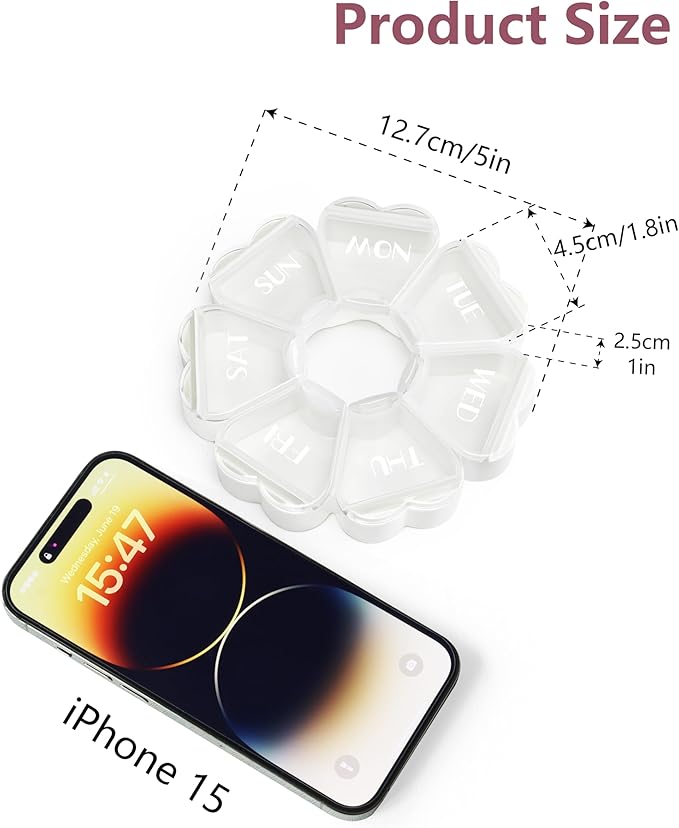 MOLN HYMY Large Weekly Pill Box 7 Day, Cute Pill Case Organizer 1 time a Day, Floral Pill Container Once Daily, Pretty Medicine Dispenser for Vitamin/Fish Oil/Medication/Supplements (Clear White)