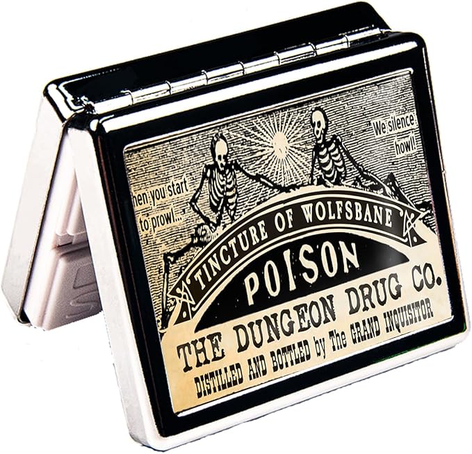 Silver Vintage Pill Box 7 Day Metal Pill Box with Mirror and 8 Compartments Cute Travel Pill Organizer for Purse (Vintage Skull Poison)