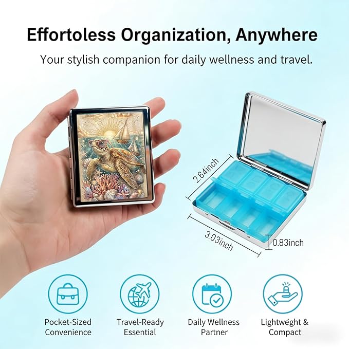Metal 7 Day Pill Organizer, Weekly Pill Case 8 Compartments, Travel Pill Box for Purse & Pocket, Small Medicine & Vitamin Organizer, PP Dividers, Secure Clasp (Sea Turtle)