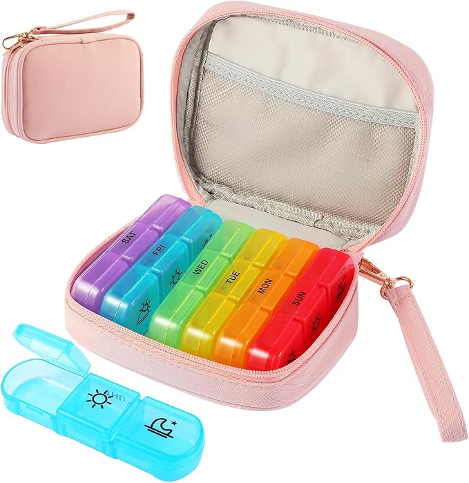 Weekly Pill Organizer 3x a Day, Travel Pill Box 7 Day for Purse, Daily Pill Organizer with Zipper Bag, Pill Dispenser Medicine Organizer for Vitamins, Fish Oils, Medications, Supplements(Pink, Medium)