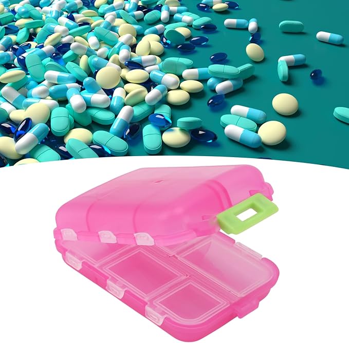 Travel Pill Organizer, Plastic 10 Compartments Pill Case Portable Pill Box Buckle Lock Weekly Portable Pill Holder Container for Purse (Rose Red)