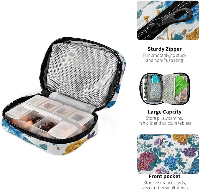 Vintage Floral Blue Tigers Travel Pill Organizer Case Box Container Weekly Portable Vitamin Medicine Holder Storage Bag with Zipper Removable
