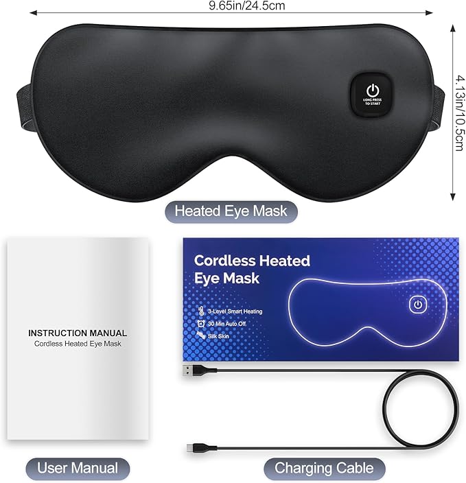 Cordless Heated Eye Mask for Dry Eyes, Electric Warm Compress Rechargeable with 3 Temperature Settings, Blocking Light Eye Heating Pad for Sleeping, Washable Silk Heat Sleep Mask, Black