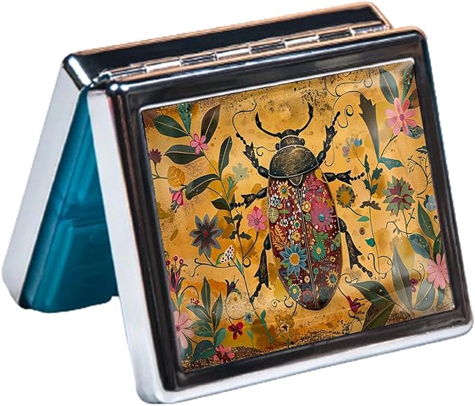 7 Day Travel Pill Organizer with Mirror Shiny Silver Chromed 8 Compartment Pill Box for Vitamins and Medications Compact and Stylish Medicine Case (Insect)