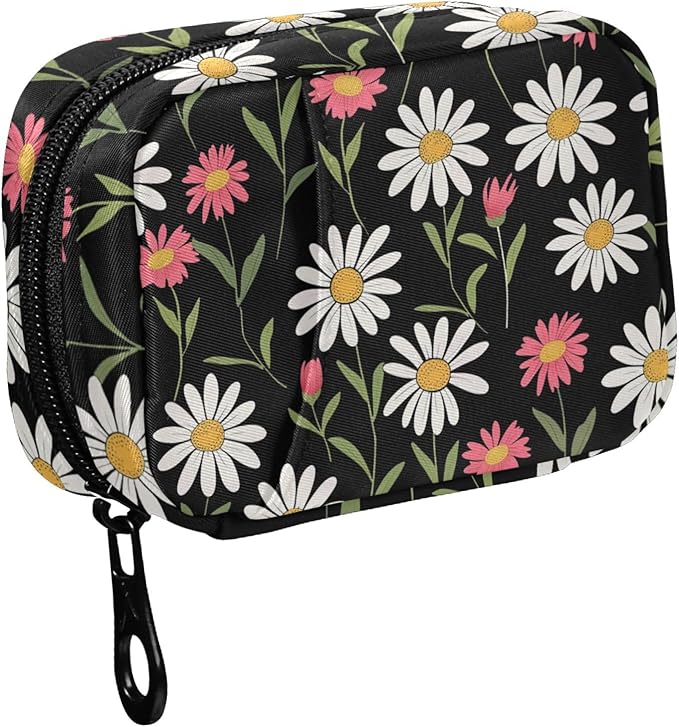 Fustylead White and Pink Cute Daisy Flowers Pill Organizer for Purse, Weekly Portable Pill Box with Zipper to Storage Vitamins Fish Oils Medications Supplements