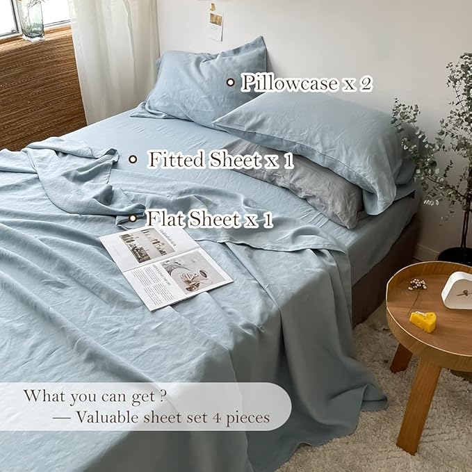 Simple&Opulence Washed Linen Bed Sheet Set Basic Style 4 Pieces (1 Flat Sheet & 1 Fitted Sheet & 2 Pillowcases) 100% Natural French Flax Soft Breathable Farmhouse Bedding (King, Duaty Blue)