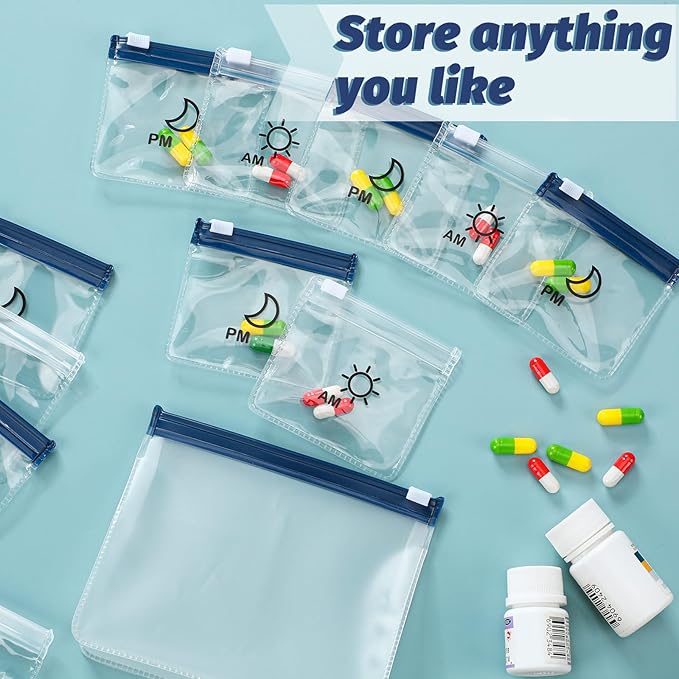 Colarr 14 Pcs AM PM Pill Pouches Bags Reusable Zippered Day and Night Pill Organizer with Slide Lock for Travel Medicine Case, 1 Large 14 Small(Clear, Blue)