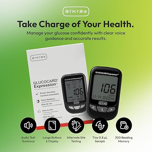 ARKRAY GLUCOCARD Expression Blood Glucose Monitor Kit – Audio-Enabled, Auto-Code Blood Glucose Monitoring System - Includes 10 Test Strips, 10 Lancets, 1 Lancing Device & 1 Bottle Control Solution