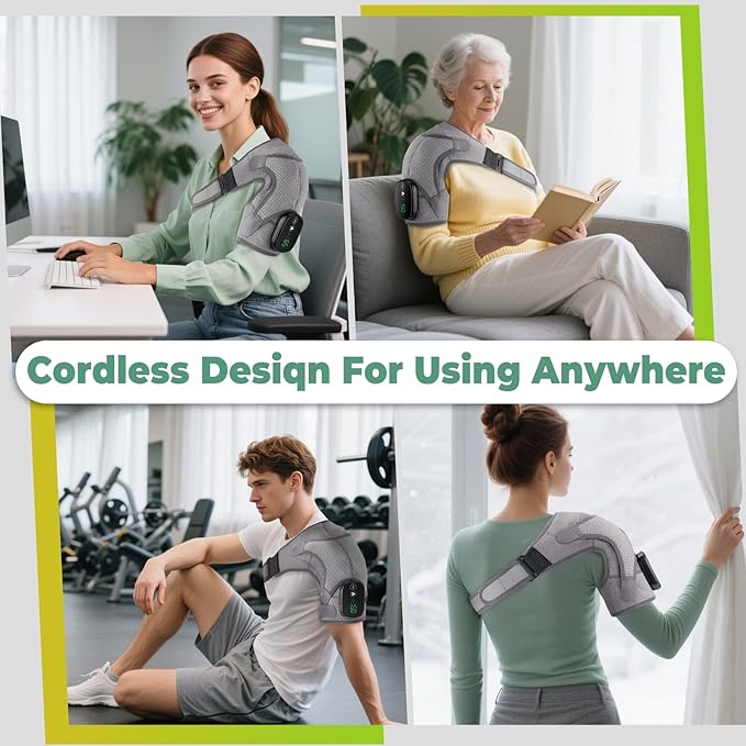 Shoulder Heating Pad with Massage, Cordless Shoulder Heating Pad, Shoulders Massager for Pain Relief, Left Right Heated Shoulder Wrap for Rotator Cuff & Shoulder Brace Support (Grey)