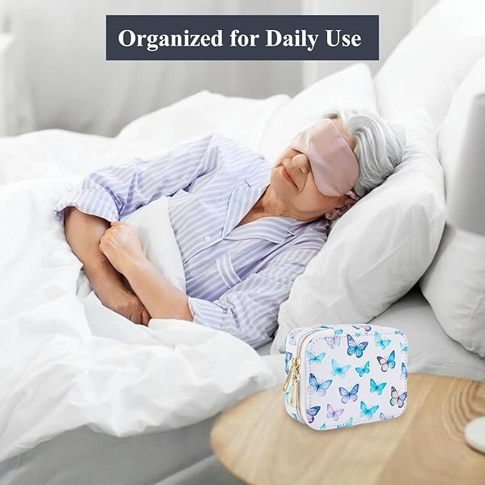 Weekly Pill Organizers, Portable Pill Case with Removable Pill Sorter, Travel Pill Organizer 7 Day,Leather Vitamin Box, Medicine Dispenser, Daily Pill Box Travel Case. (White with Butterfly)
