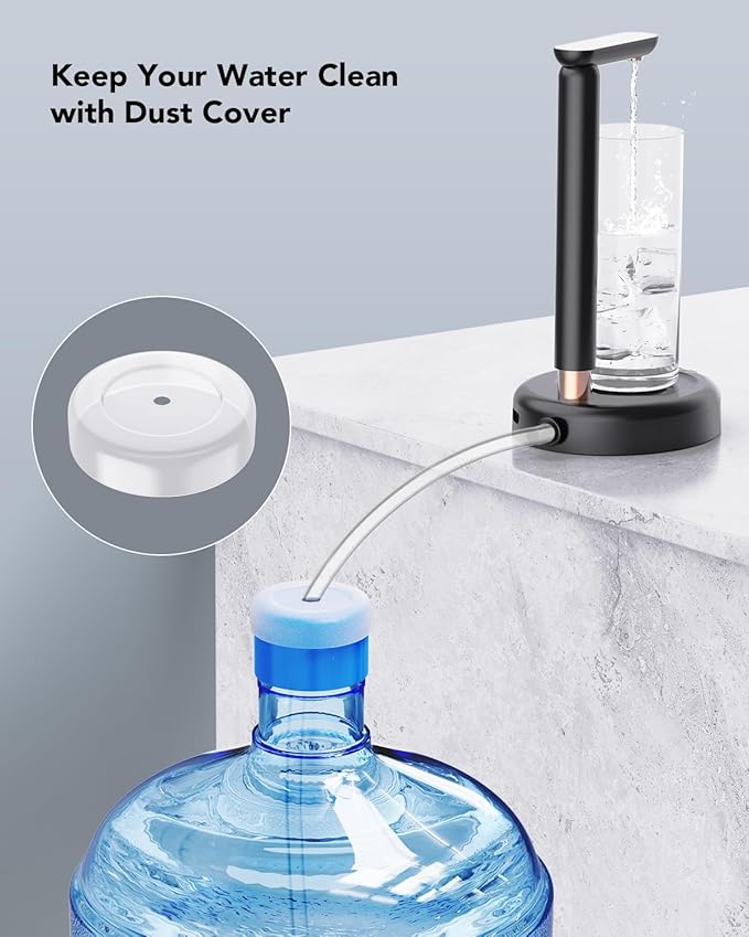 Desktop Water Dispenser Pump for 5 Gallon Bottle, SPOVEN 5 Gallon Water Jug Dispenser with Adjustable Height Design, Portable Type-C Charging Table Bedside Water Pump for Home (Black)