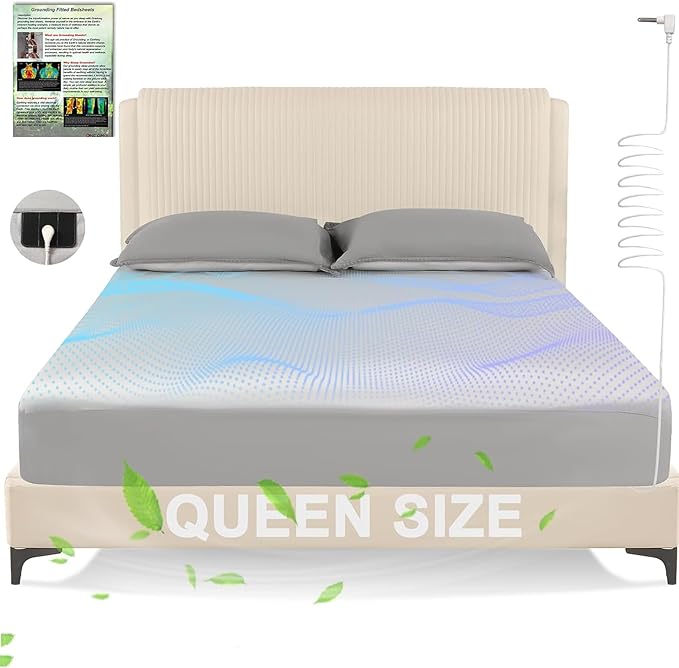 Grounding Sheets Queen Size, Earth Grounded Fitted Bed Sheet with 10% Pure Silver Fiber + 90% Organic Cotton, for Improved Sleep & Wellness (Gray, Queen - 80"x60"x15")
