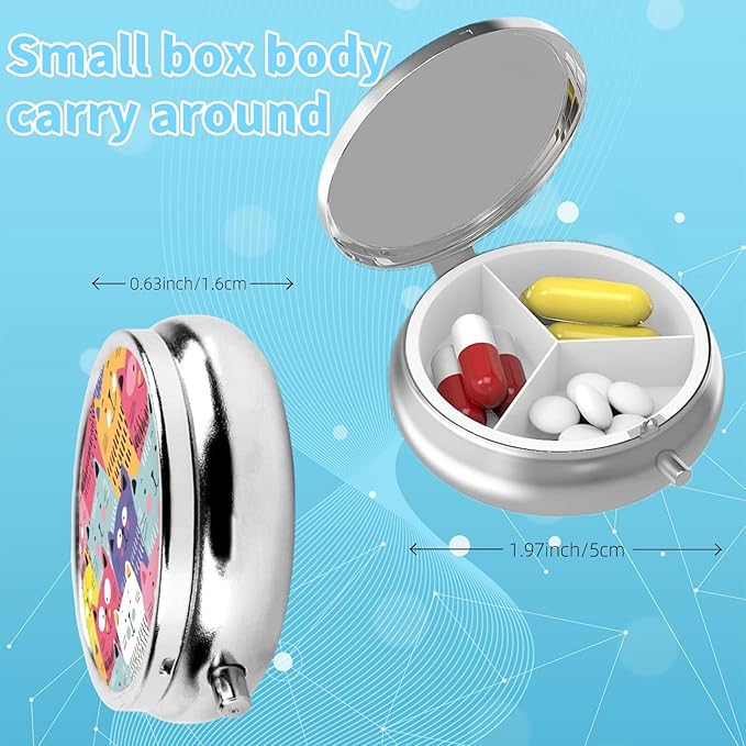 3 Compartment Travel Pill Case, Sealed Portable Pill Container Mini Size Metal Pill Box for Pocket Purse, Three Times a Day Pill Organizer for Men, Women and Children - Colorful Cat Family