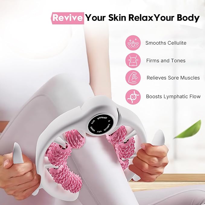 Anti-Cellulite Massage Roller with Detachable Handles | Lymphatic Drainage Massager & Fascia Blaster for Legs, Thighs, Buttocks | Tool for Deep Tissue Pain Relief & Smoother, Contoured Skin (Pink)
