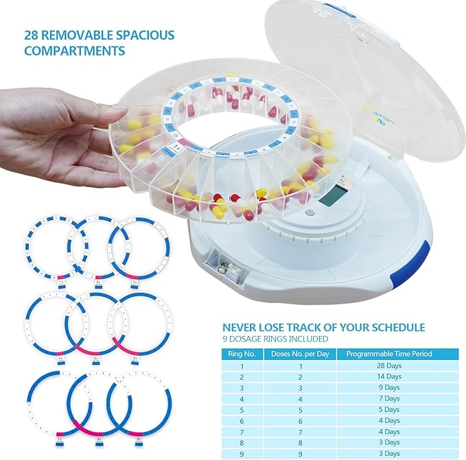 EziMedPil Bluetooth Pill Dispenser w/Sound & Light Alerts, up to 9 Alarms/Daily, Key Lock, LCD & Easy Setup on SmartLife App, 28-Day Medication Dispenser for Prescriptions, Vitamins & More, Clear Lid