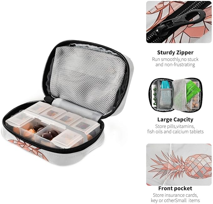 Rose Gold Marble Pinapple Pill Organizer Case White Marbling 7 Day Travel Pill Box with Zipper Portable Weekly Vitamin Medicine Supplement Holder Pouch Bag
