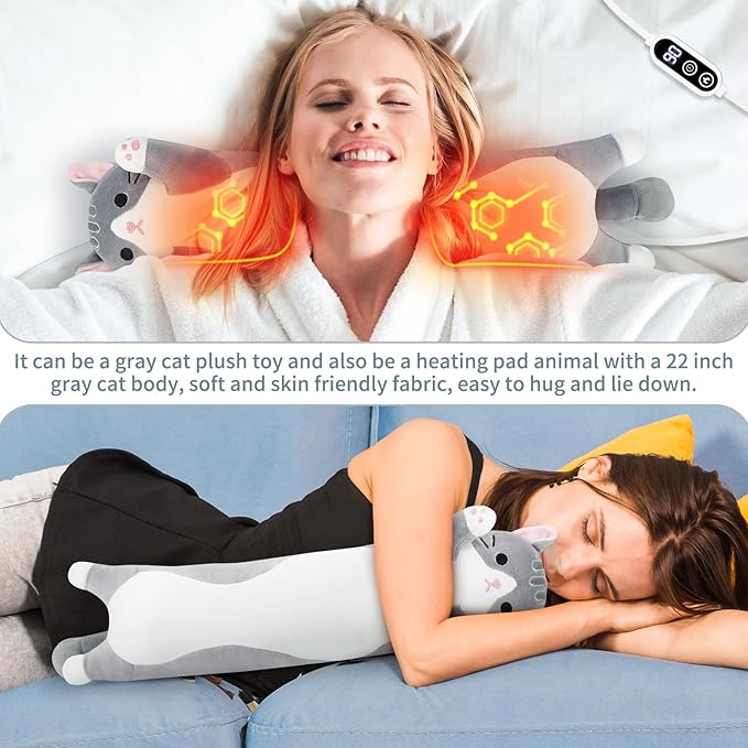 Cat Heating Pad-USB Heated Plush Stuffed Animals for Period Cramps and Menstrual Pain Relief,22” Portable Electric Kitten Heating Pads,Built-Pocket Plushie Women Girls Birthday Gifts,Gray