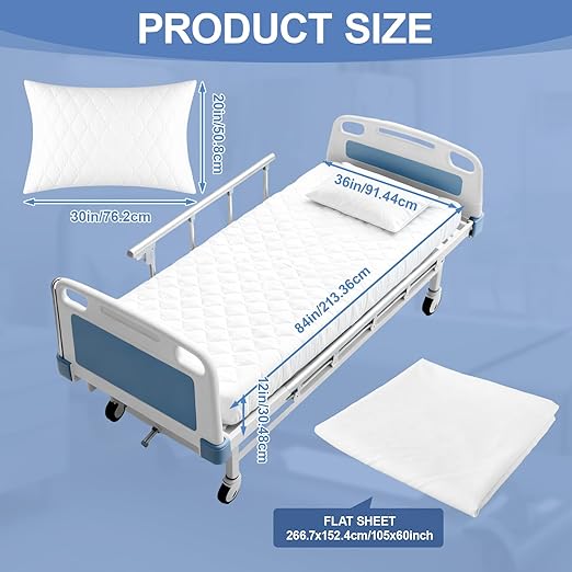 Lounsweer 3 Piece Hospital Bed Sheet Set, White Waterproof Bed Sheet Set, Incontinence Protection for Home and Hospital Use, Include 1 Fitted 36" x 84" x 12" 1 Flat and 1 Pillowcase