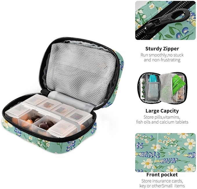 Cute Green Bluebonnet and Daisies Cute Pill Organizer Weekly Travel Pill Box 7 Day Large Capacity Pill Dispenser Case with 8 Pill Container Daily Pill Box Organizer Vitamin Holder Pill Bottle