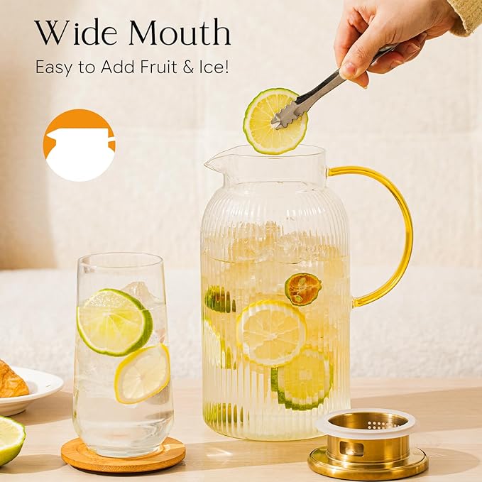 OneDream 2 Pack Glass Pitcher with Lid, 68 oz Heat-Resistant Borosilicate Glass Water Pitcher, Wide Mouth Round Glass Pitcher with Handle, Leak-Proof Silicone-Edged Lid, for Iced Tea, Coffee, Juice
