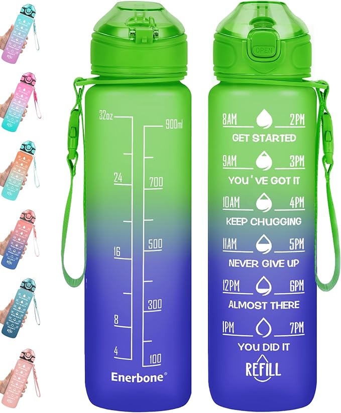 Enerbone 32 oz Water Bottle with Times to Drink and Straw, Motivational Drinking Water Bottles with Carrying Strap, Leakproof BPA & Toxic Free, Ensure You Drink Enough Water for Fitness Gym Outdoor