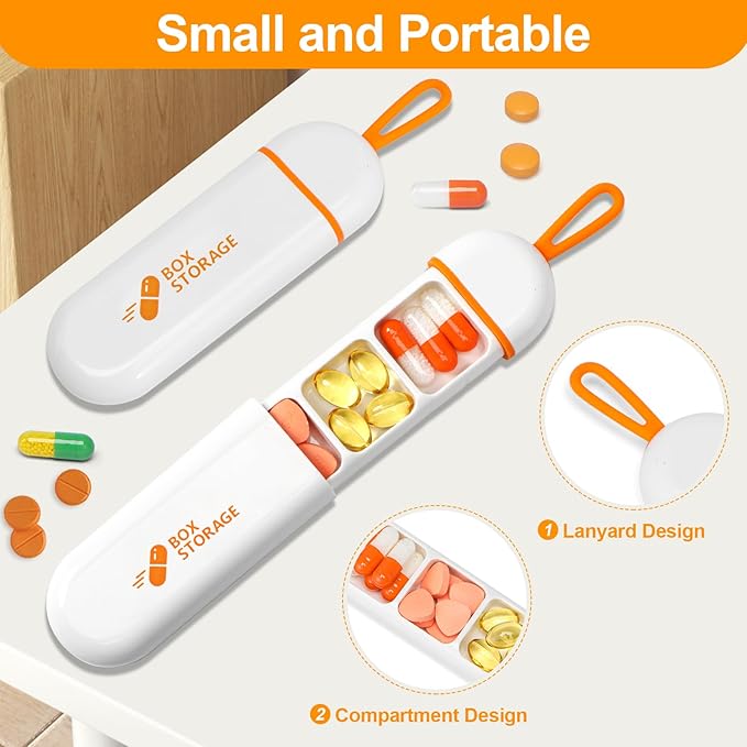Toplive 2 Pack Travel Pill Organizer, Portable Pill Container Mini Daily Pill Organizer, Small Pill Case Travel Medicine Organizer Pocket Vitamin Supplement Fish Oil Box, White Orange & White Grey
