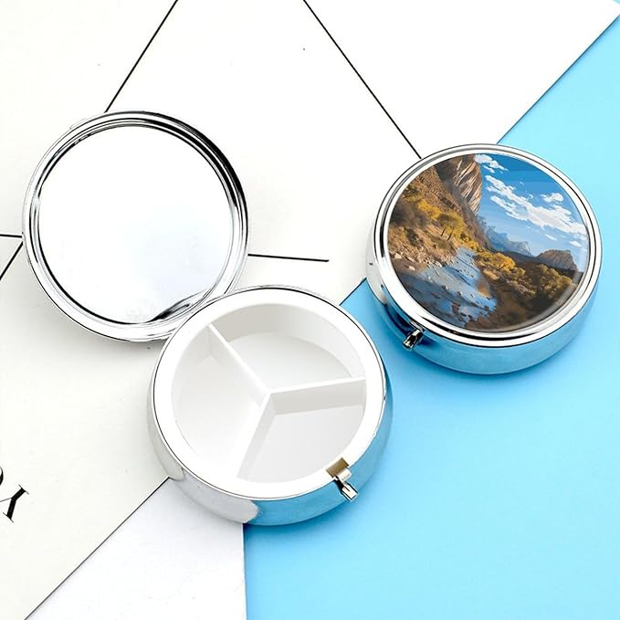 Zion National Park Pill Box Travel Pill Case for Purse Pocket Weekly Medicine Organizer with Mirror 3 Compartment Round Medicine Case Portable PillcaseHolder for Daily