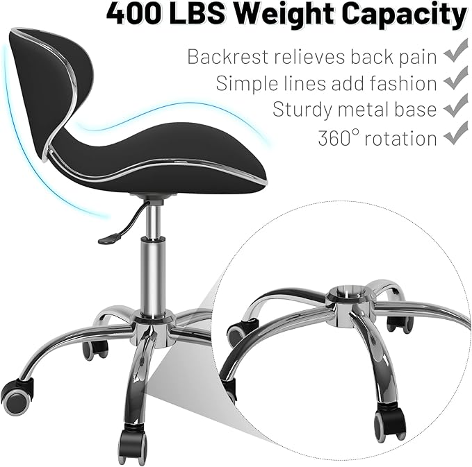 Multi-Purpose Adjustable Rolling Stool with Backrest,Drafting Spa Bar Medical Salon Tattoo Stool Chair with Wheels 360 Swivel,Heavy Duty,400lbs Weight Capacity,Black