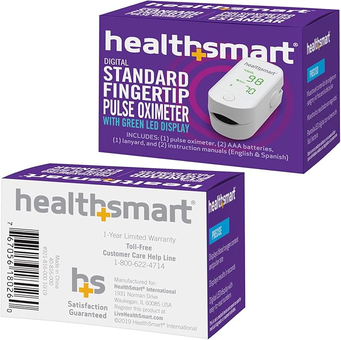 HealthSmart Pulse Oximeter for Fingertip That Displays Blood Oxygen Saturation Content, Pulse Rate and Pulse Bar with LED Display, Accurate and Reliable, Green